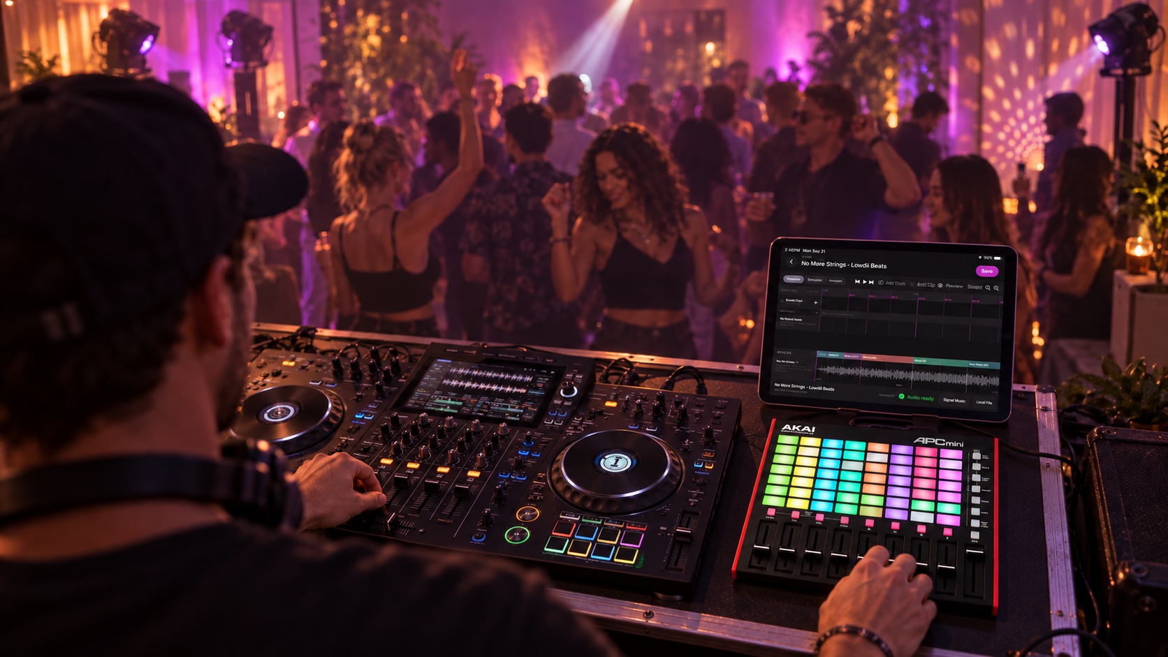 A DJ facing the dancefloor behind a full-size DJ controller, with a compact APC Mini mk2 and 11-inch iPad to the right